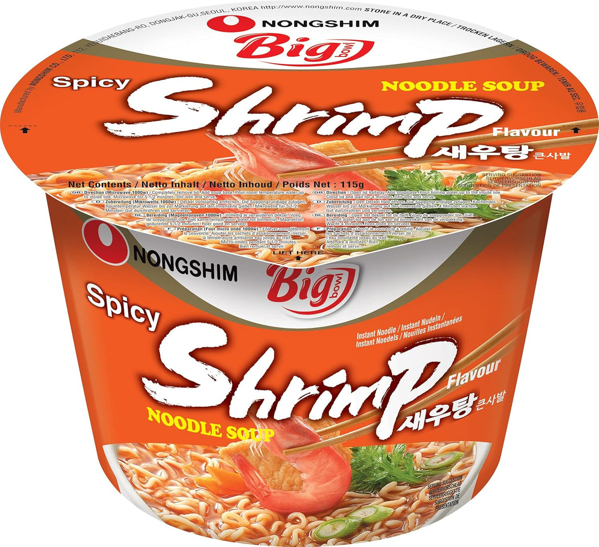 Makaron Natychmiastowy Nong Shim Z Krewetkami, Duża Miska - Koreańska Zupa Ramen - Szybkie Przygotowanie - 115g (1 Op.)