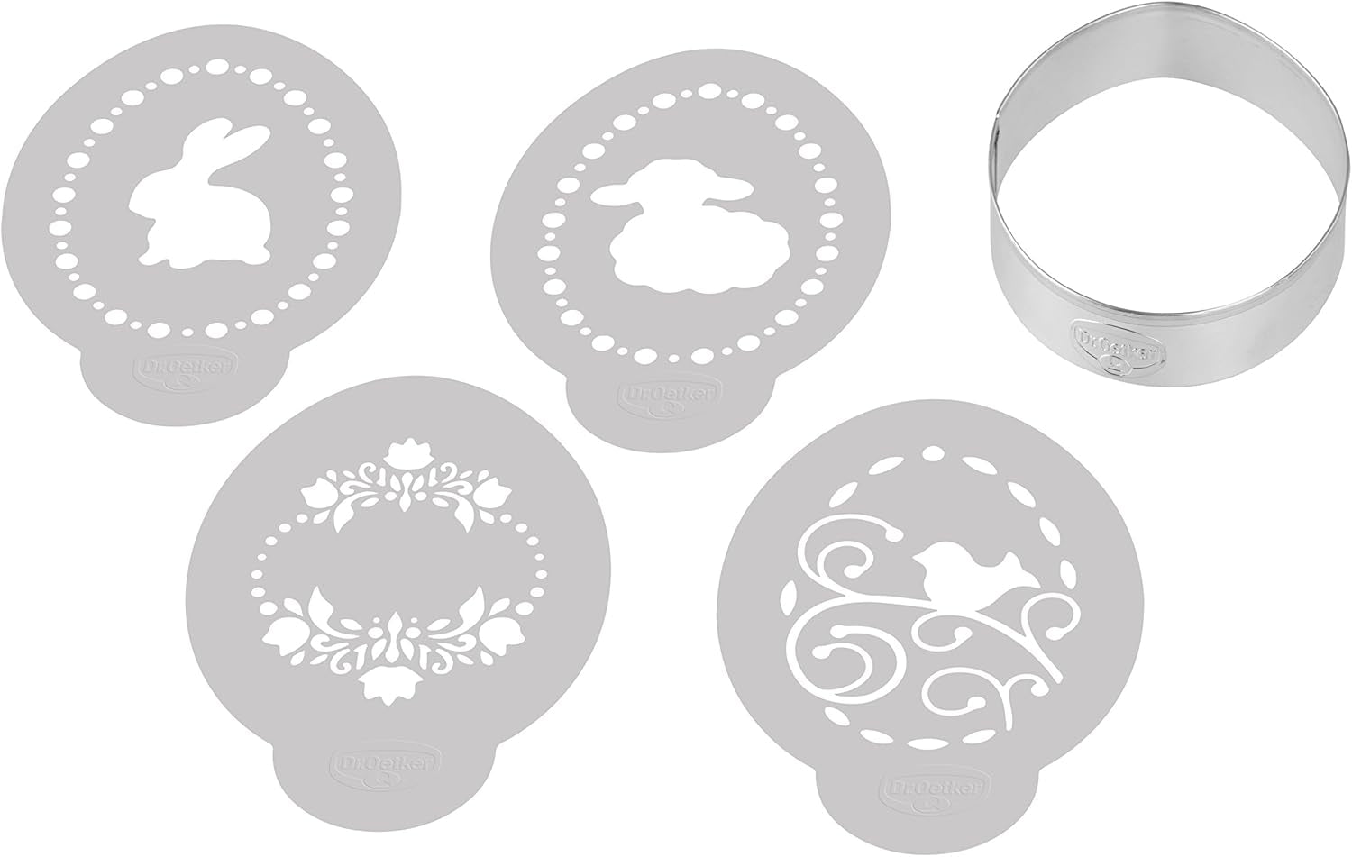 Dr Oetker Ei-Ausstecher inkl. 4 Deco-Schablonen aus der Series „Goldiges Ostern”, Keks- und Plätzchenform (Farbe: Silber, Weiß), Menge: 1 x 5er Set