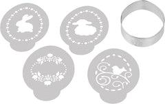 Dr Oetker Ei-Ausstecher inkl. 4 Deco-Schablonen aus der Series „Goldiges Ostern”, Keks- und Plätzchenform (Farbe: Silber, Weiß), Menge: 1 x 5er Set