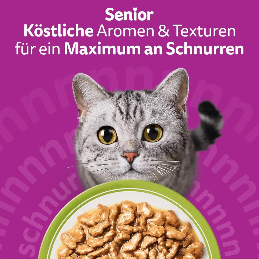 Hrană umedă Whiskas Senior 7+ Selecție mixtă în jeleu, 84 pliculețe, 84x85g (1 pachet mare) – Hrană umedă de înaltă calitate pentru pisici de 7 ani și peste