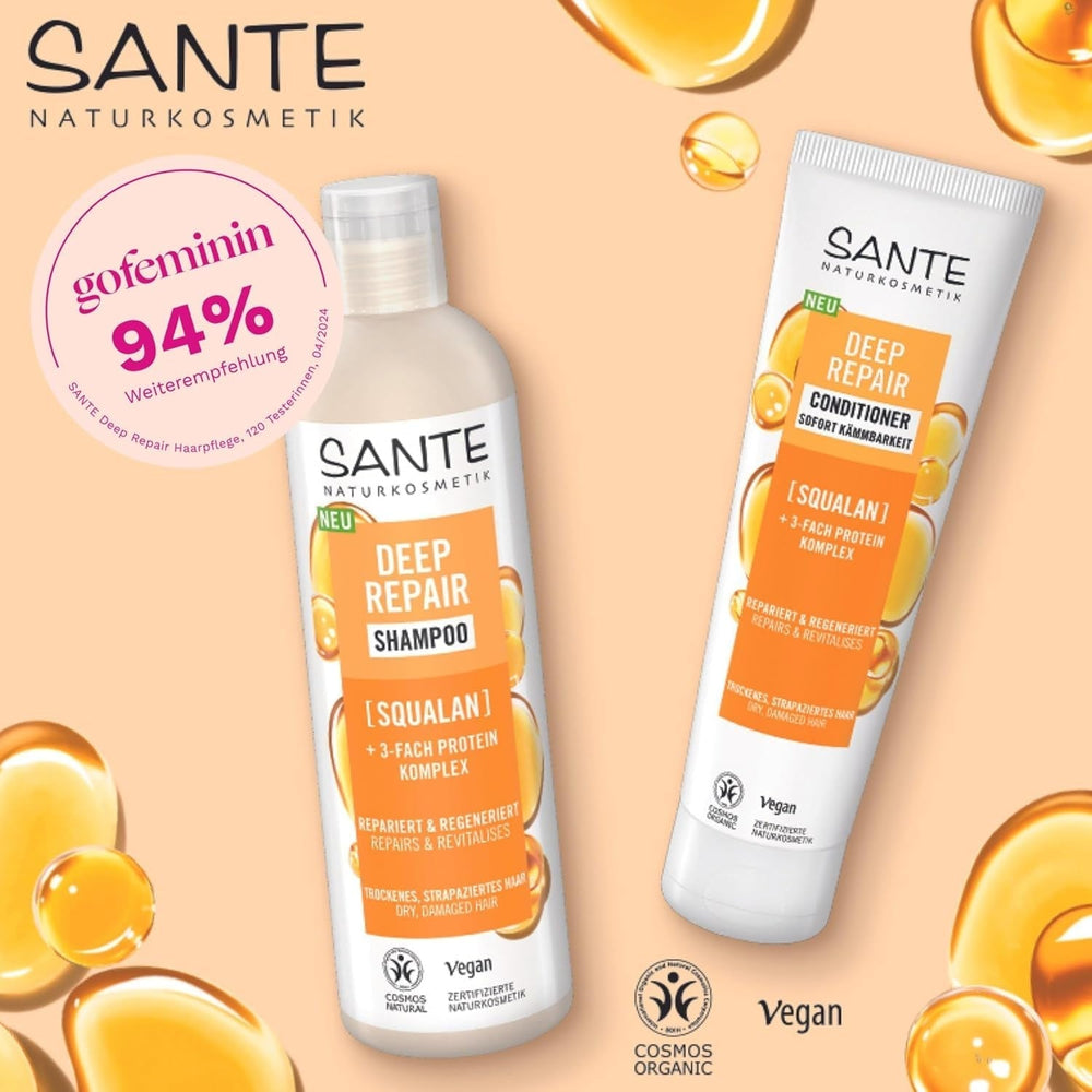 SANTE Natural Cosmetics Deep Repair Mask Squalane + complex proteic de 3 ori, mască de păr vegană pentru hidratare intensă și păr flexibil, repară și regenerează părul deteriorat, 150 ml Masca de par Naty Shop
