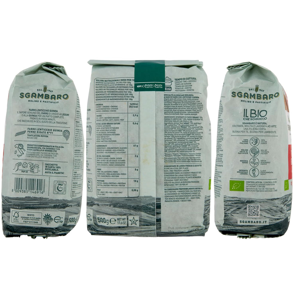 Organiczny makaron Penne Rigate N.91 - 500g z mąką orkiszową, mąką z soczewicy i mąką z komosy ryżowej - Bogaty w białko, źródło błonnika i białka