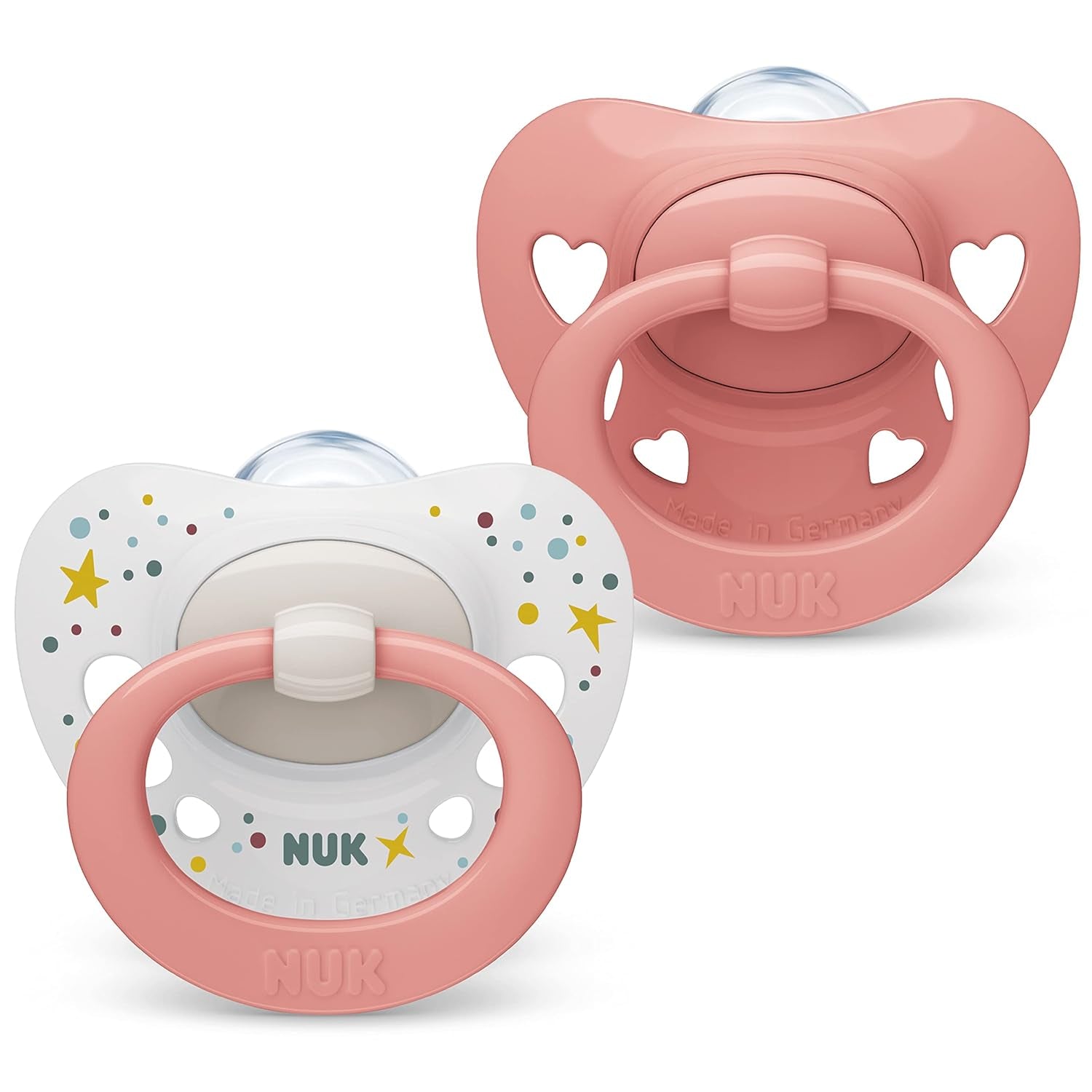 Suzete NUK Signature pentru bebeluși | 0-6 luni | Calmează 95% dintre bebeluși | Suzete din silicon în formă de inimă, fără BPA | Cu husă | Inimioare roz | Pachet de 2