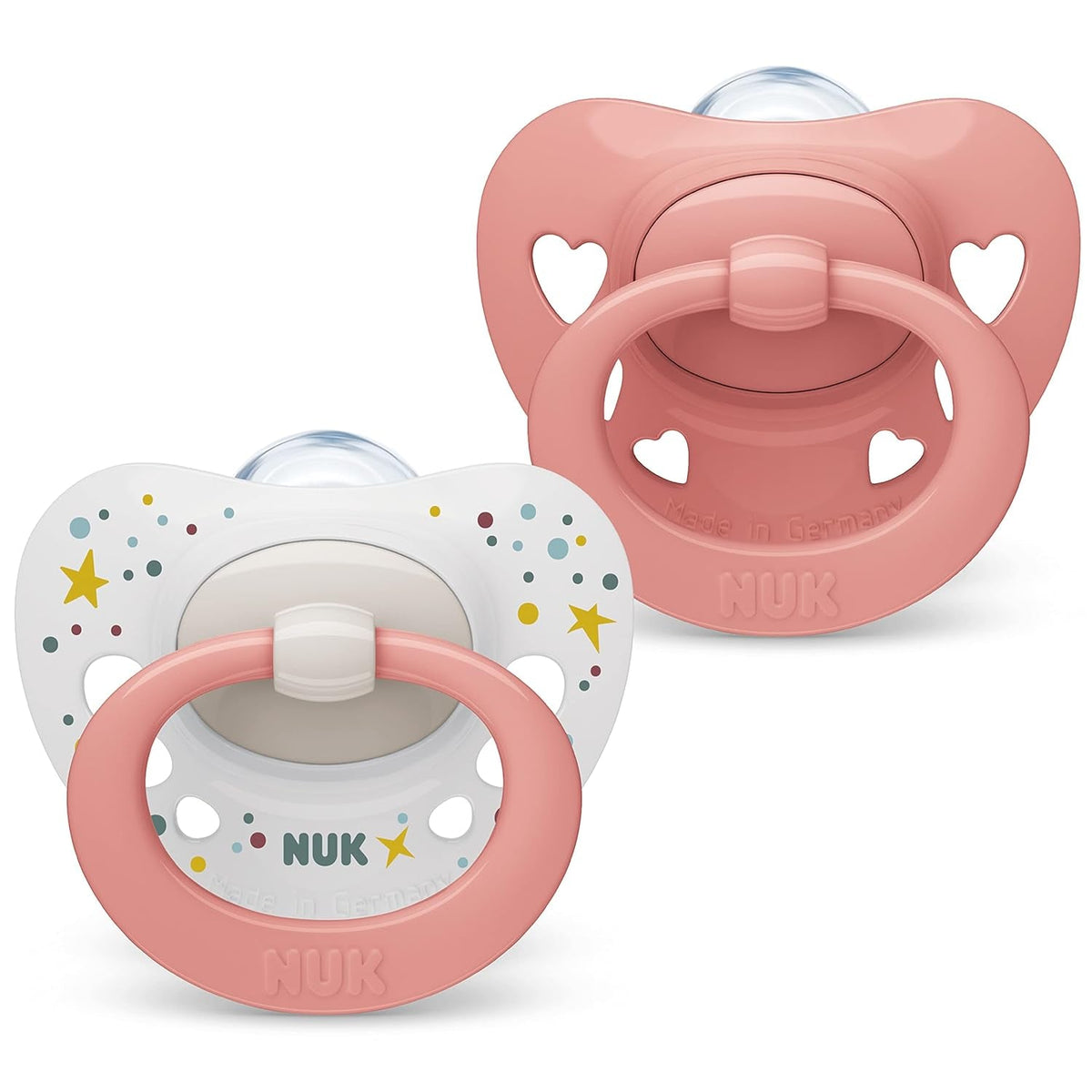 Suzete NUK Signature pentru bebeluși | 0-6 luni | Calmează 95% dintre bebeluși | Suzete din silicon în formă de inimă, fără BPA | Cu husă | Inimioare roz | Pachet de 2