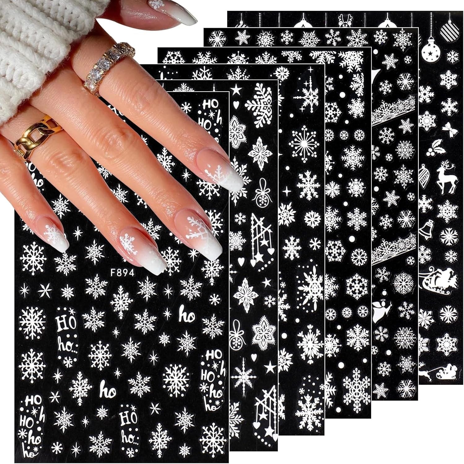 JMEOWIO Nagelsticker Weihnachten 8 Blatt Nagelaufkleber Selbstklebend Weiße Schneeflocken Winter Nail Art Sticker Dekoration Nageldesign Zubehör