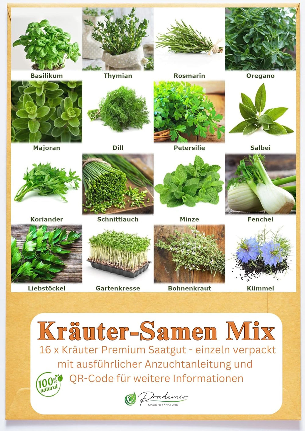 Prademir – Kräutersamen Set aus 16 beliebten Küchenkräutern – Kräuter Anzuchtset mit 100% Natursamen aus Portugal – Kräuter Saatgut aus Oregano, tymianek, majeranek, rozmaryn, koper, bazylika, szałwia uvm