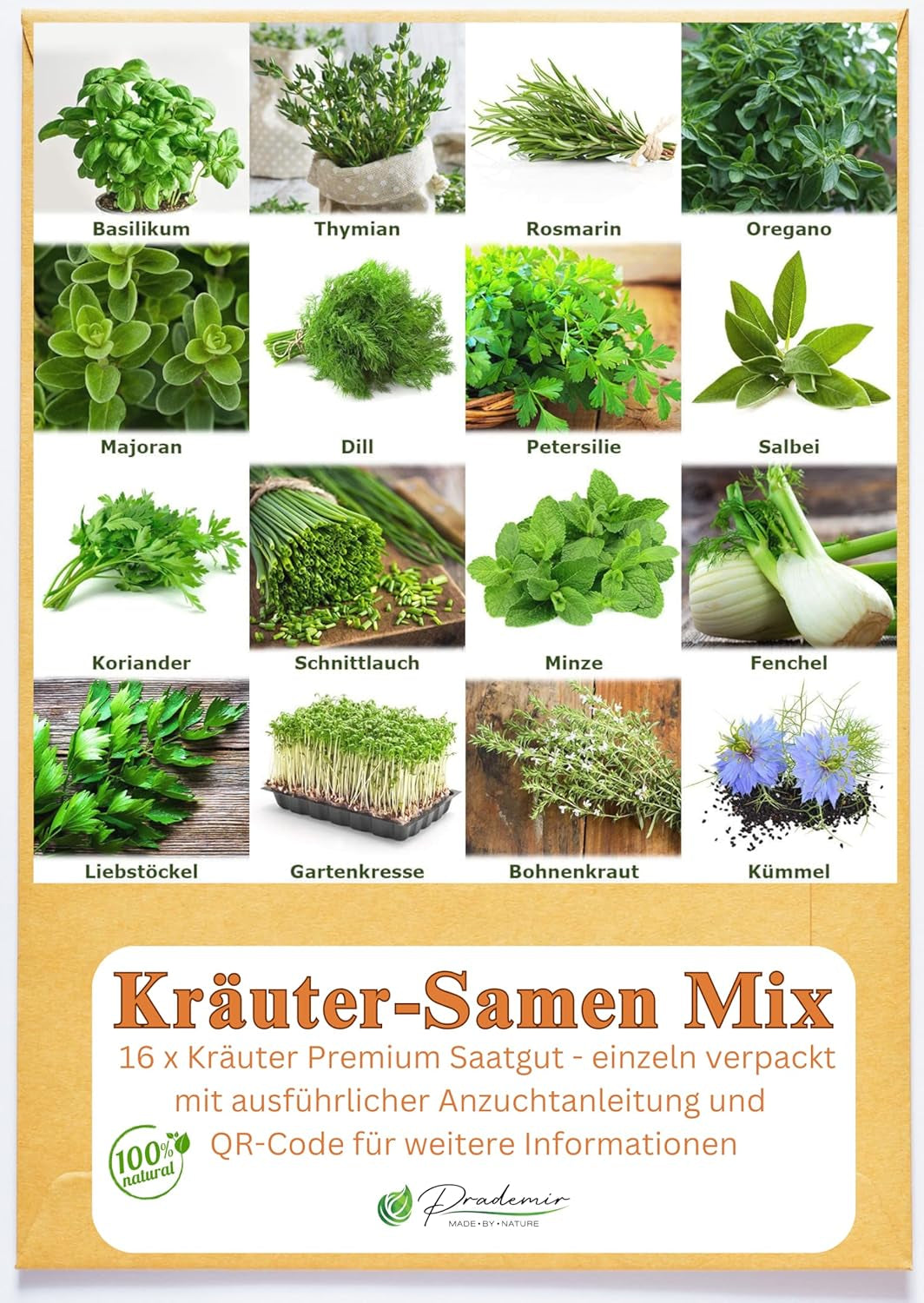 Prademir – Kräutersamen Set aus 16 beliebten Küchenkräutern – Kräuter Anzuchtset mit 100% Natursamen aus Portugal – Kräuter Saatgut aus Oregano, tymianek, majeranek, rozmaryn, koper, bazylika, szałwia uvm