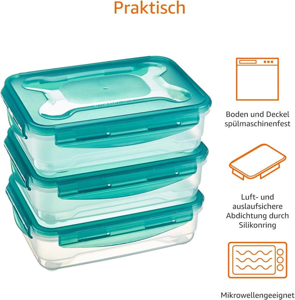 Recipiente de congelare Amazon Basics într-un set, cu capac, etanș, rezistent la scurgeri, stivuibil, pentru frigider / congelator, fără BPA, plastic, microunde și mașină de spălat vase, 3 x 1,2 l, incolor Cutii depozitare alimente Naty Shop