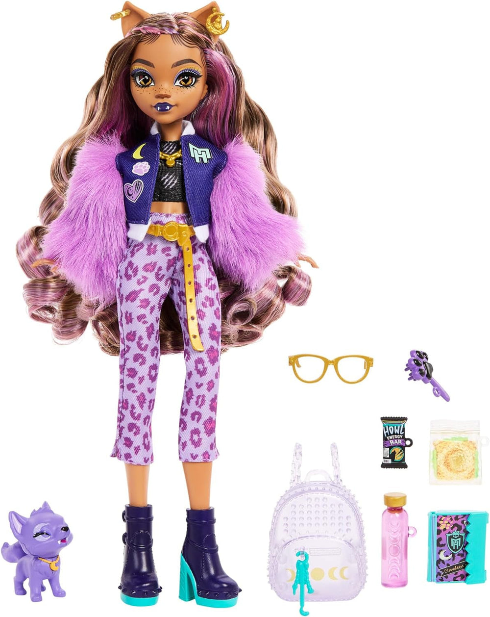 Lalka Monster High Clawdeen Wolf z psem w kształcie półksiężyca i akcesoriami, takimi jak plecak, kalendarz, przekąski i inne, lalki HRP65 Naty Shop