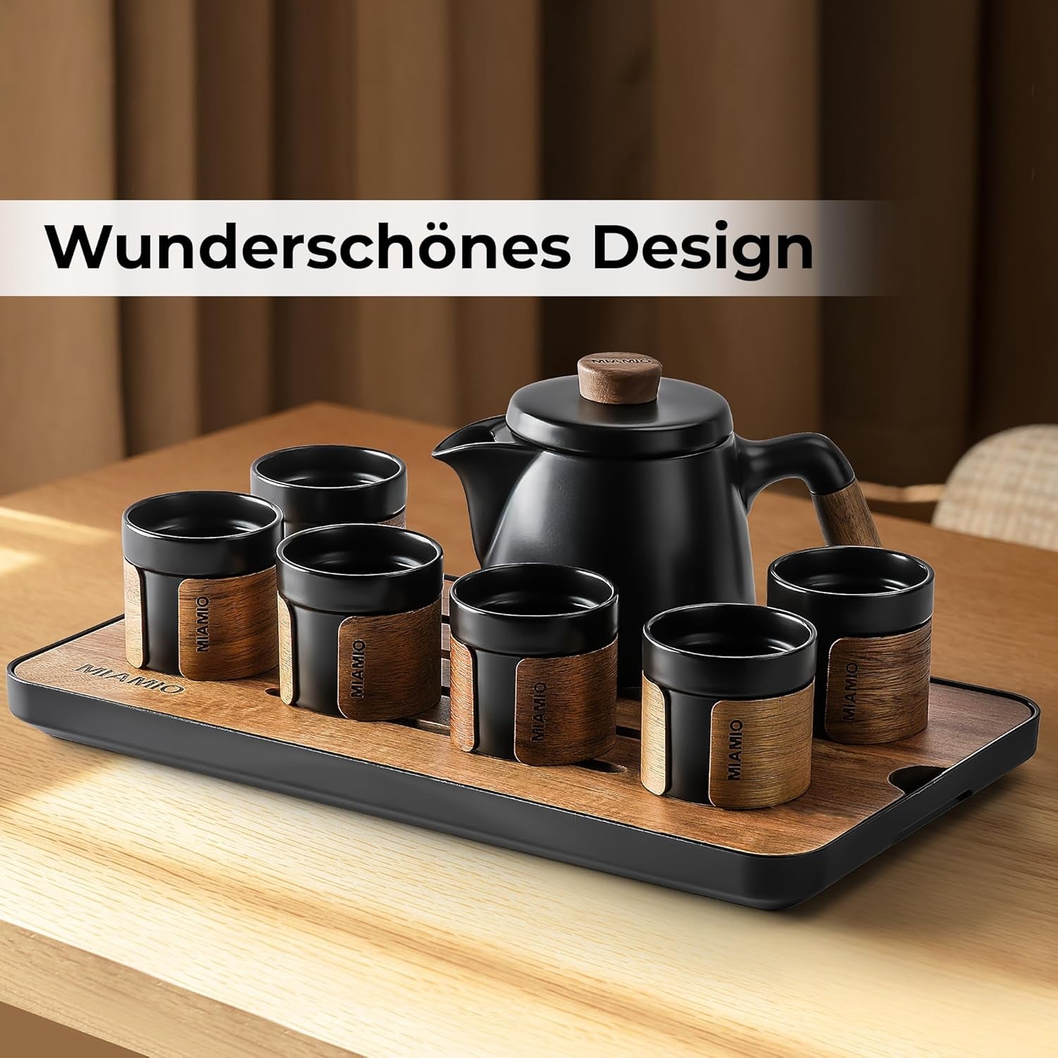 MIAMIO - Set de ceai japonez/chinezesc 6 x 100 ml / Ceainic asiatic 620 ml cu infuzor de ceai, Set tradițional japonez de ceainic pentru iubitorii de ceai/bărbați/femei (negru)