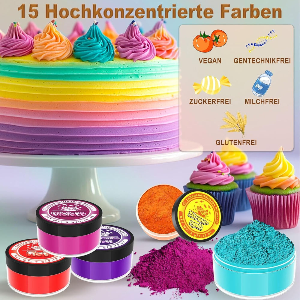 Colorant alimentar pudră – Set de 15 x 5g coloranți alimentari vibranți, coloranți alimentari foarte concentrați pentru decorarea prăjiturilor, macaroanelor, cremei de unt, gogoșilor, coptului, slime-ului – Vegan, sigur