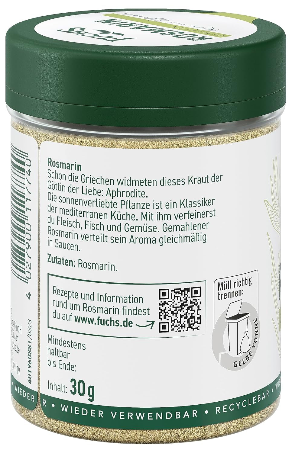 Fuchs Gewürze - Rosmarin gemahlen - zum Würzen von Fisch, Fleisch und Gemüse - naturalne składniki - 30 g w wiederverwendbarer, recyclebarer Dawka