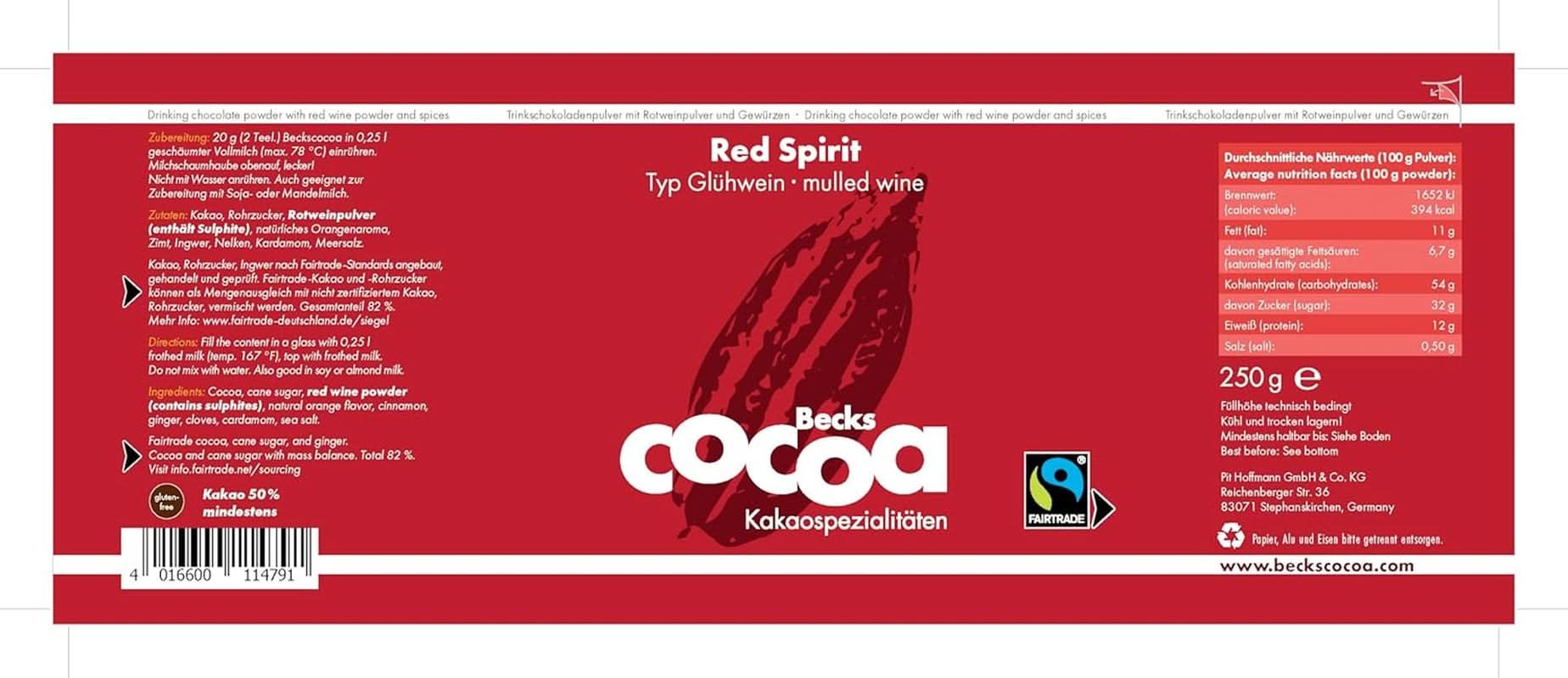 Red Spirit, delikatne kakao aromatyzowane czerwonym winem, 250 gramów kakao i gorąca czekolada Naty Shop