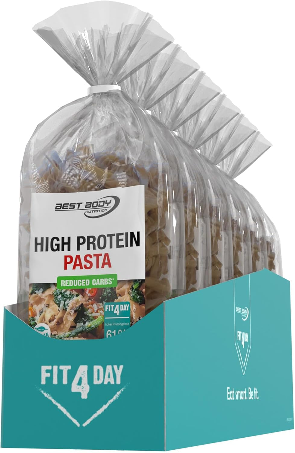 Best Body Nutrition Pasta proteinowa 6 x 200 g - Fit4Day High Protein Tagliatelle - 61% białka, niskowęglowodanowe, wegańskie i bez laktozy, bez soi - wysokiej jakości białko grochu - dla diet niskowęglowodanowych