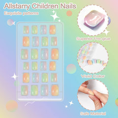 72 bucăți unghii pentru copii, pre-lipite, acoperire completă, sclipici, gradient de culoare, fundă, unghii artificiale scurte, cadou minunat pentru copii și fete, artă pentru unghii - sclipici curcubeu