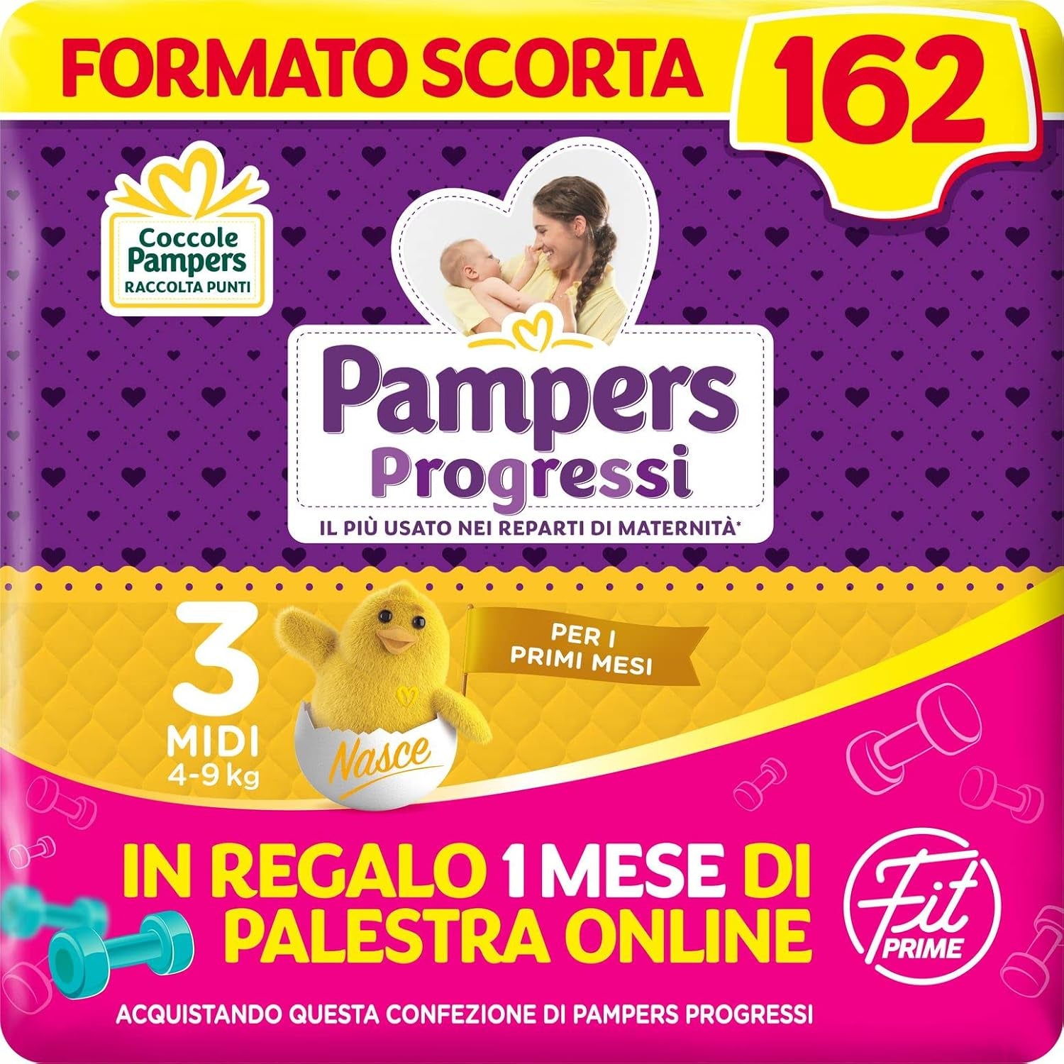 Pieluchy Pampers Progressi & Fit Prime Midi, krótki format, 162 pieluszki, rozmiar 3 (4-9 kg), członkostwo online na siłowni na 1 miesiąc w prezencie
