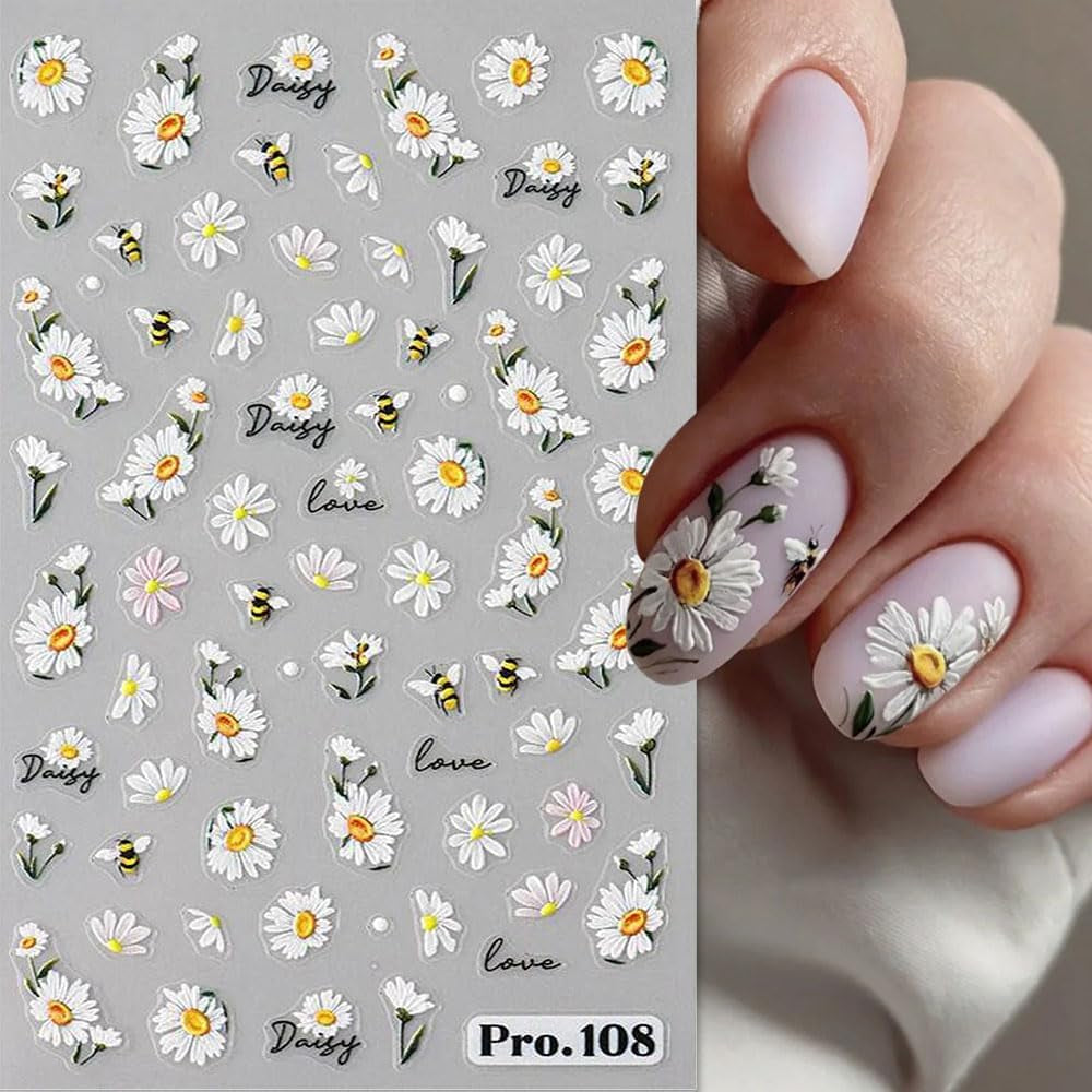 5Pcs Geprägte Gänseblümchen Nagelsticker Selbstklebend Blumen Nagelaufkleber Gänseblümchen Schmetterling Nagel Sticker Nageldesign Aufkleber Nägel Zubehör Blume Nail Sticker Flower Nail Art Stickers
