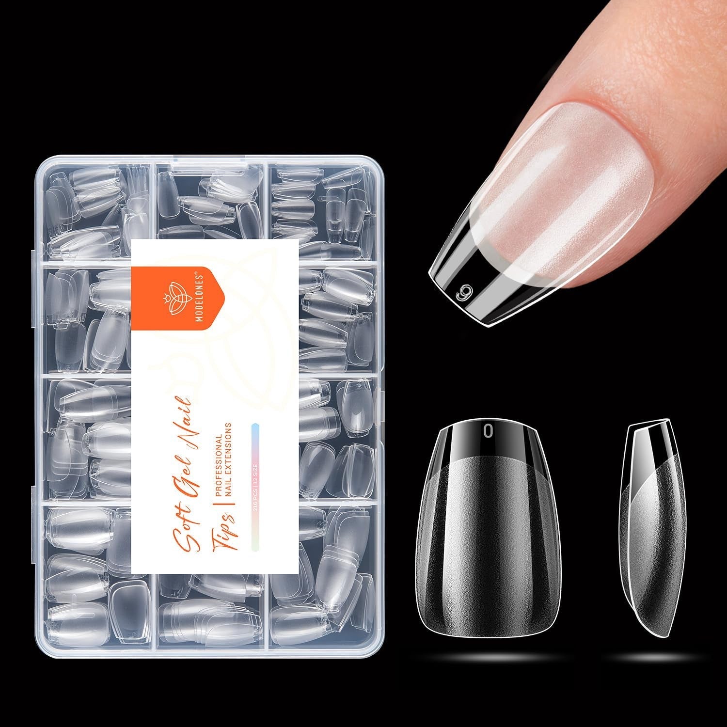 Modelones Tips Unghii 216 Piese - Set Tips Unghii Acoperire Completă, Set Tips Gel Moale, Tips Unghii Rășină PMMA Pre-Lustruire, Unghii Artificiale pentru Lipire pe Nail Art DIY, Migdale Scurte XS