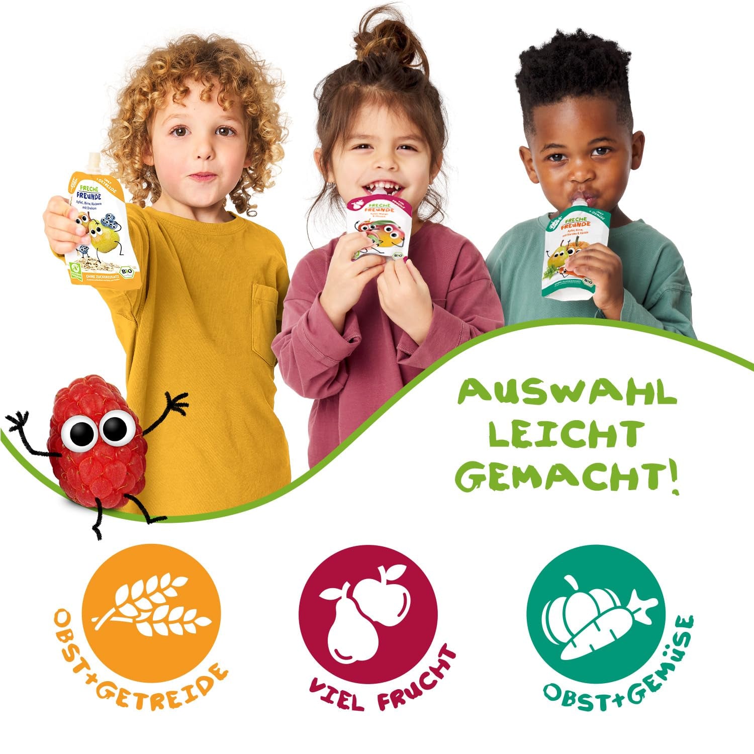 FRECHE FREUNDE Bio Quetschie Apple, Erdbeere, Himbeere mit Grieß, Fruchtmus mit Getreide in Quetschbeutel für Babies od 6. miesiąca, wegańskie, opakowanie 6er (6 x 100g)