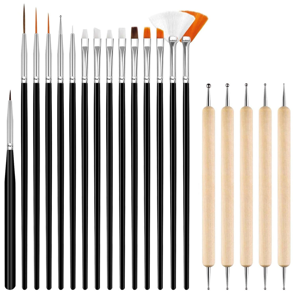Hanyousheng 20 Stück Nagel Pinsel Set, 15 Stück Nageldesign Pinsel, 5 Stück Nail Art Dotting Tools Für DIY Nail Art Design