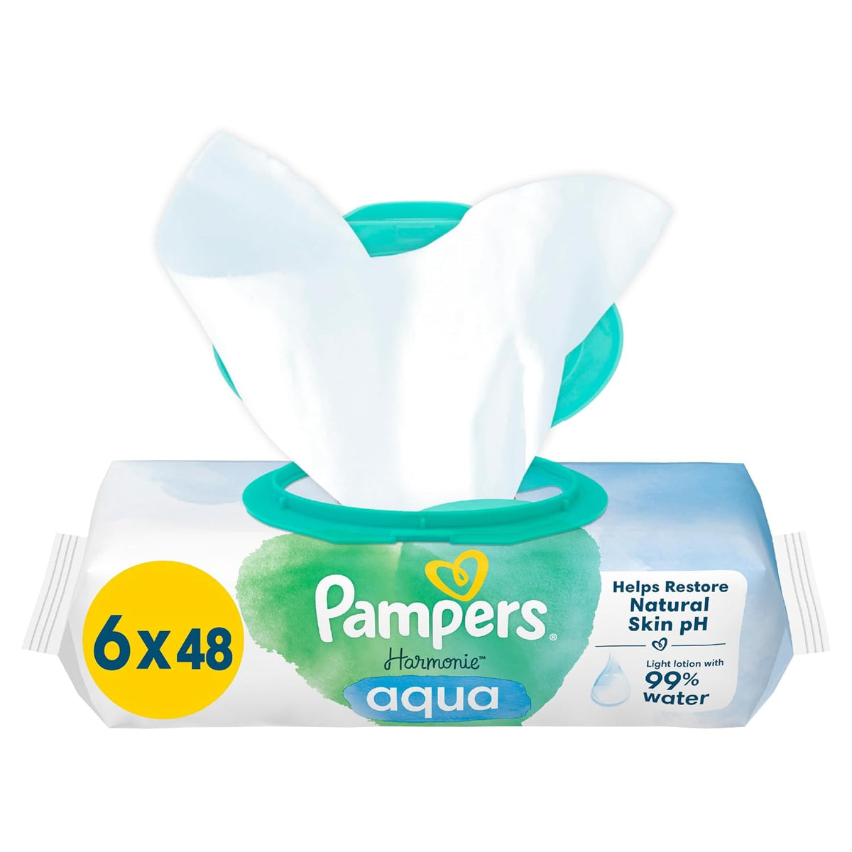Chusteczki nawilżane Pampers Harmony Aqua 6 opakowań po 48 chusteczek każde 288 chusteczek Razem pomagają przywrócić naturalną równowagę pH skóry Lekki balsam 99% wody