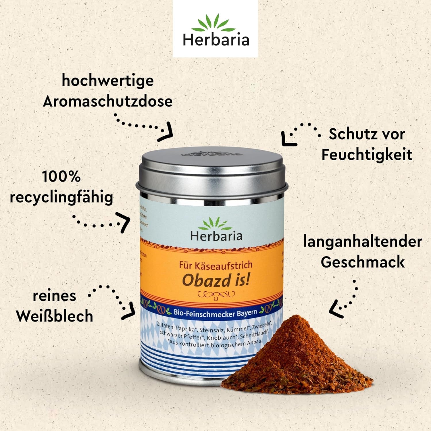 Herbaria Obazd jest! bio 90g M-Dose – Bio-Gewürzmischung bayerischen Biergartenklassiker Obazda – dla Brotaufstriche, Käsegerichte, Käsefondue – Raclette Gewürz - w nachhaltiger Aromaschutz-Dose