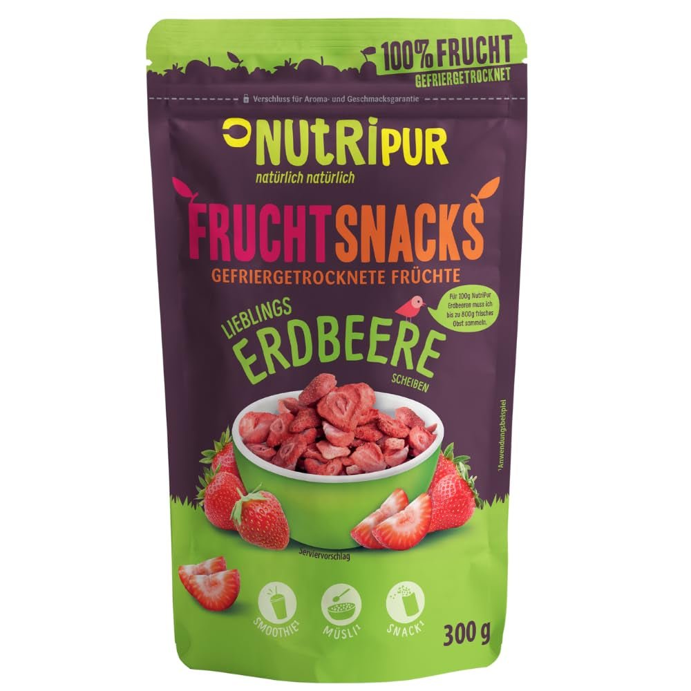 Căpșuni liofilizate 300g: felii de căpșuni uscate neîndulcite - Căpșuni liofilizate cu fructe pure, pline de aromă: fructe de pădure liofilizate - Fructe uscate NUTRIPUR Produse deshidratate Naty Shop 300 G (1 pachet) Căpșuni