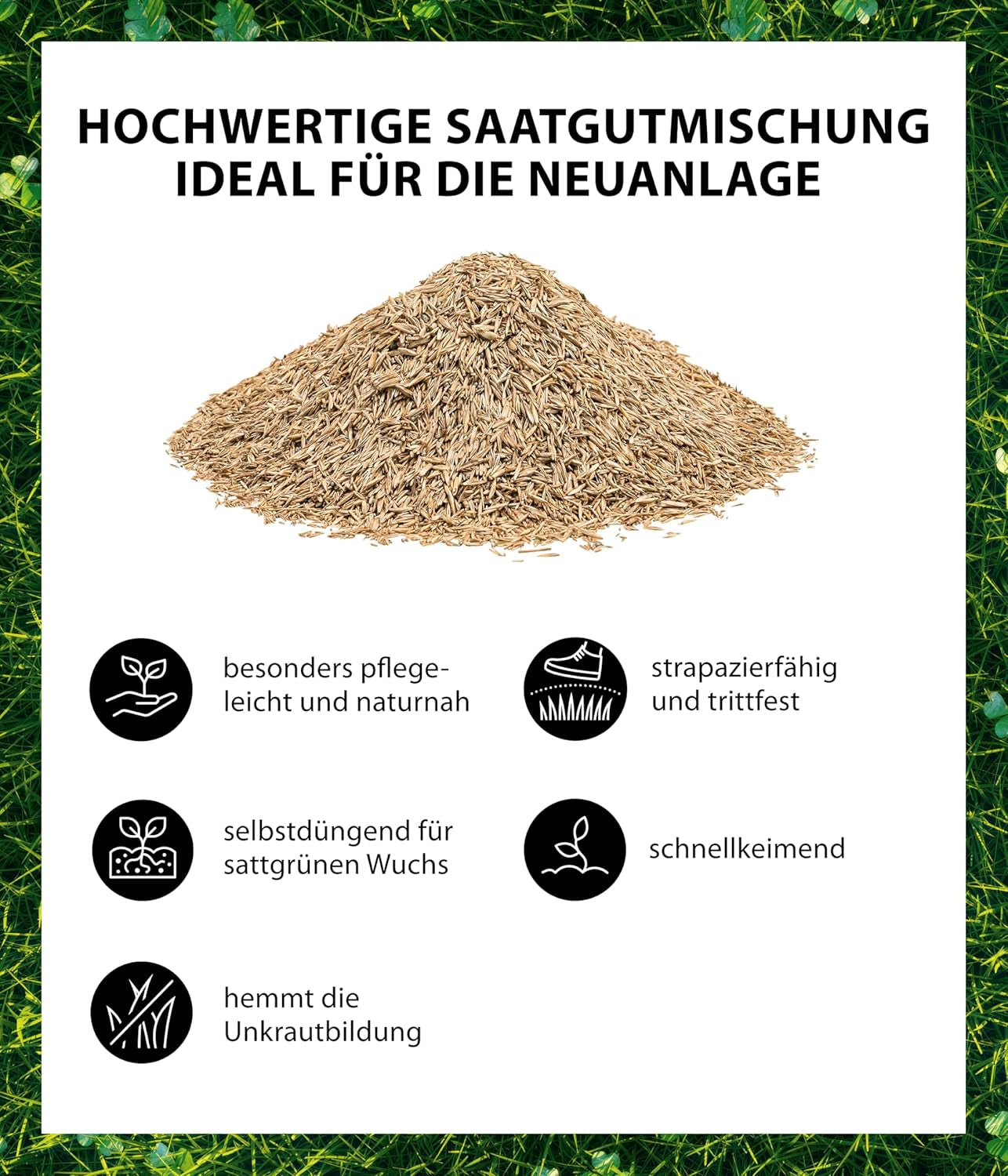 Dehner Saatgut Rasensamen, Mikroklee-Rasen, Hochwertige Saatgutmischung, Selbstdüngend/Selbstkeimend, 625 G, Für Ca. 25 M², Natur