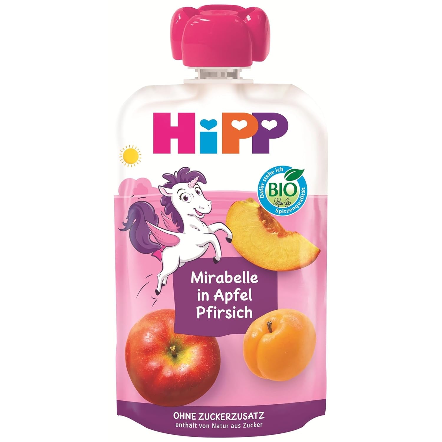 HiPP Bio Quetschie Mirabelle w Apfel-Pfirsich - Ellis Einhorn (8 x 100g), ab 1 Jahr, 100% Fruchtpüree, ohne Zuckerzusatz, wegańskie, w najlepszej Bio-Qualität