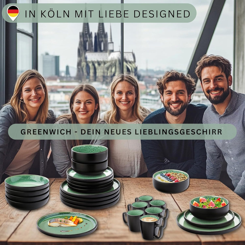 SÄNGER Greenwich | Set de veselă din gresie, 18 piese, Set de farfurii pentru 6 persoane, Set de veselă (6 farfurii de cină, 6 farfurii de desert, 6 boluri), Verde, Rezistent la zgârieturi, Veselă | COLECȚIA VALUE