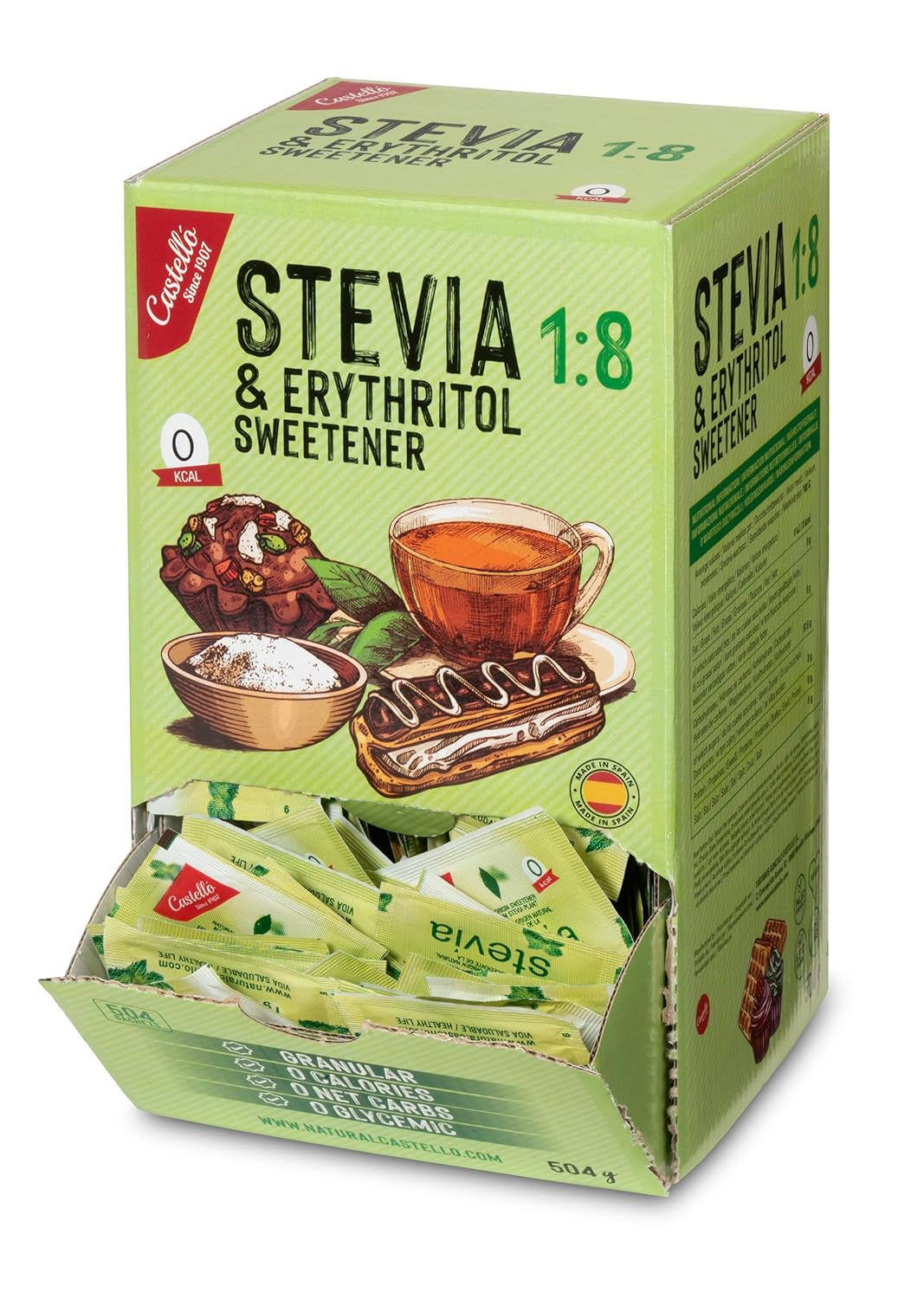 Stevia + Erythrit 1:8 Süßstoff | 504 Beutel Mit 1 G | 100% Natürlicher Zuckerersatz - 0 Kalorien - 0 Glykämischer Index - Keto Und Paleo - 0 Kohlenhydrate - Kein GVO - Castello since 1907 - 504 G Indulcitori Naty Shop 504 G (1Er Pack)