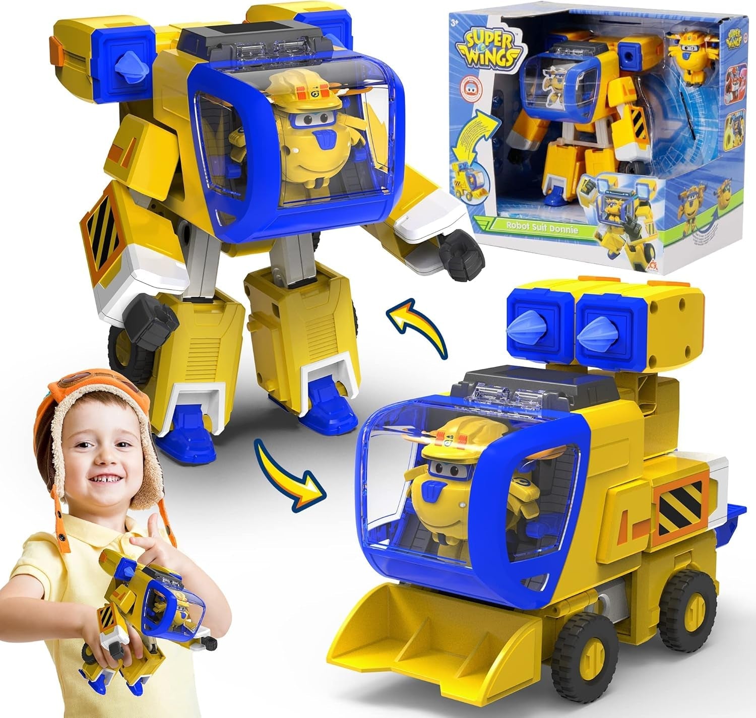 Super Wings EU750322 - Transforming New Robot Suit Donnie, Aprox. 23 cm figurină mare pentru copii, avion de jucărie transformabil și figurină robot, galben Action figures Naty Shop Donnie