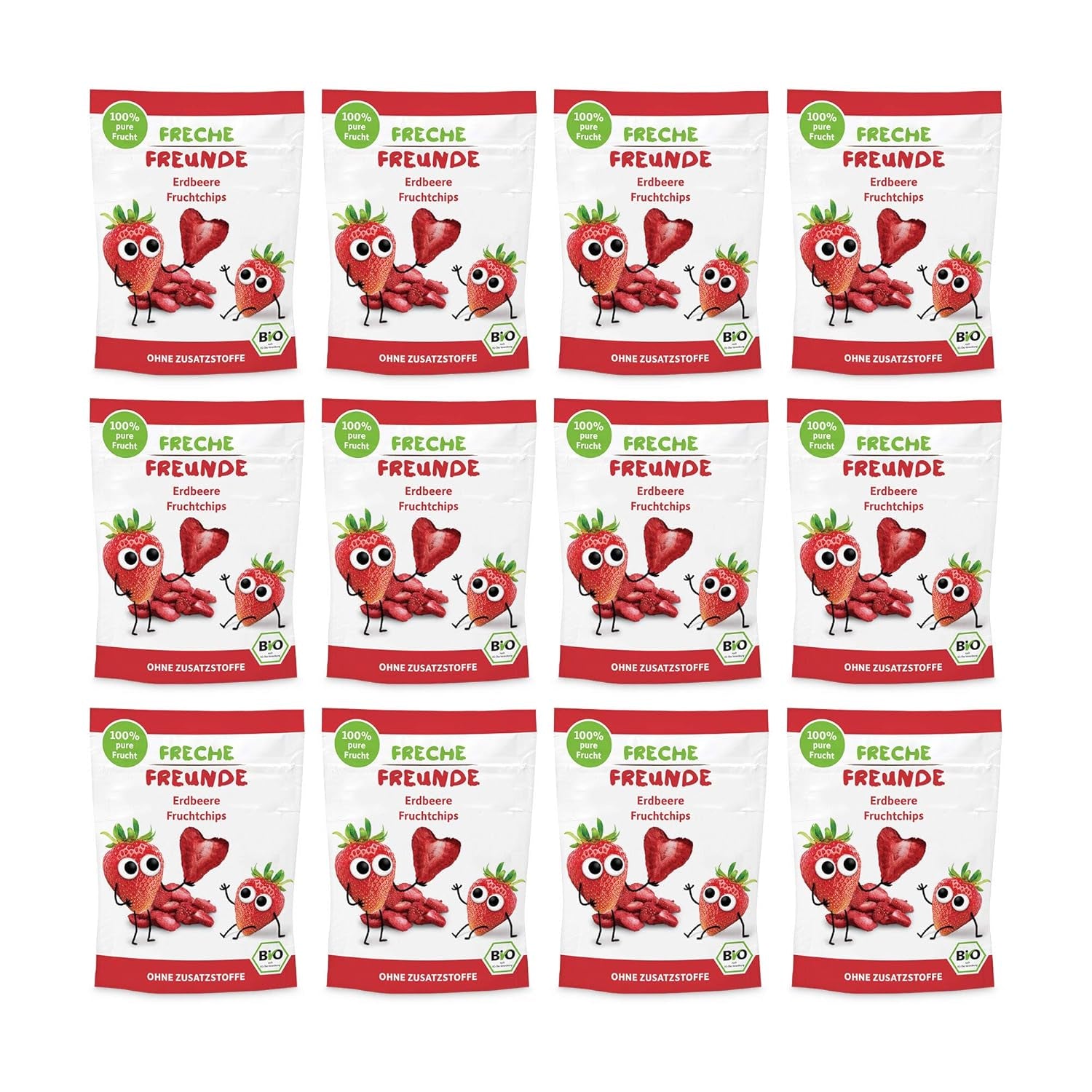 Organiczne chipsy owocowe 100% truskawkowe, liofilizowane chipsy truskawkowe, opakowanie 12 sztuk (12 x 12 g) i chrupiące serca Banan i truskawka Organiczna przekąska dla dzieci i niemowląt (9 x 30 g) 270 g