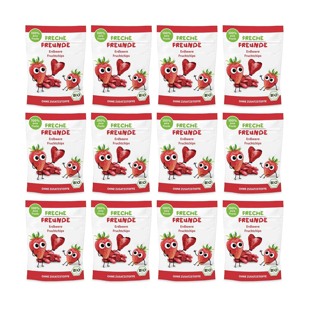 Organiczne chipsy owocowe 100% truskawkowe, liofilizowane chipsy truskawkowe, opakowanie 12 sztuk (12 x 12 g) i chrupiące serca Banan i truskawka Organiczna przekąska dla dzieci i niemowląt (9 x 30 g) 270 g