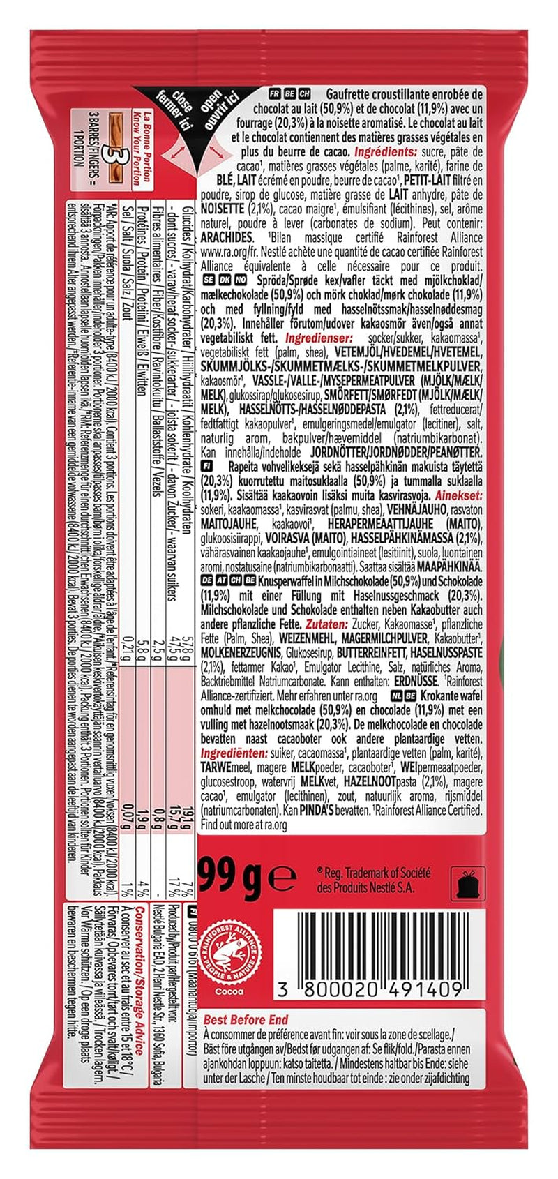 Nestlé Hazelnut Bar Chrupiący wafelek z kremowym nadzieniem z orzechów laskowych i marmurkową czekoladą, 2 opakowania (1 x 99 g)