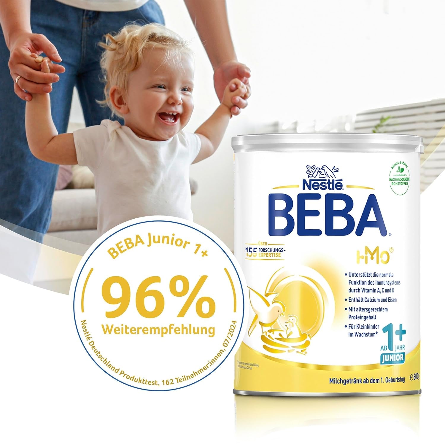 BEBA Junior 1+ napój mleczny od 1. roku życia, z HMO, zawartość białka dostosowana do wieku, tylko laktoza, bez oleju palmowego, bez oleju rybnego, pokarm dla małych dzieci, mleko w proszku dla dzieci, opakowanie 6 szt. (6 x 800 g)