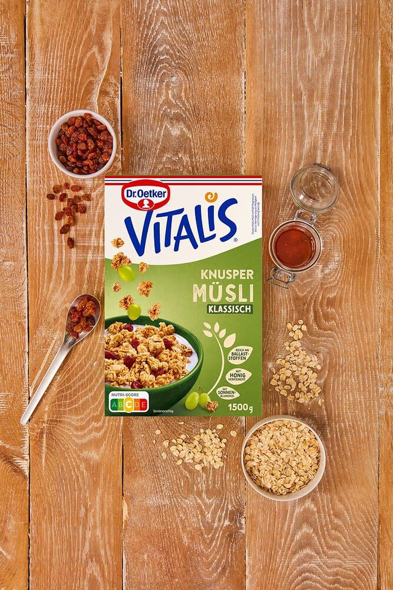 Dr. Oetker Vitalis Classic Crispy Muesli: Duże opakowanie chrupiącego musli śniadaniowego z rodzynkami, 1 opakowanie, 1,5 kg