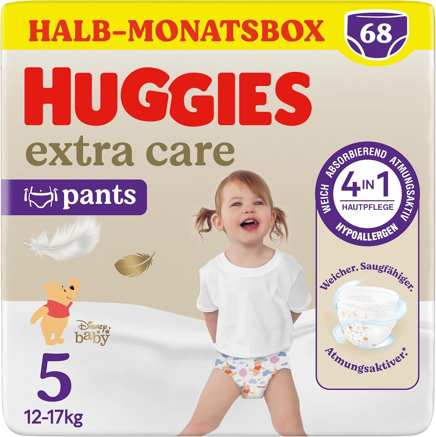 Spodnie Huggies Extra Care Disney Design Rozmiar 5 68 Pieluchy (2x34) Pudełko na pół miesiąca