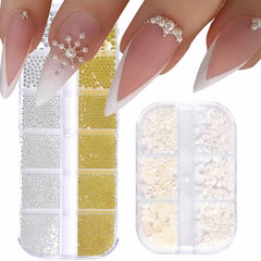 GZMAYUEN Nailart Perlen Micro Kaviar Für Nägel, 0.3-3Mm Goldene Silber Mini Kaviar Strasssteine, Weiß Beige Mini Nägel Perlen Mikroperlen Dekor Für Nägel