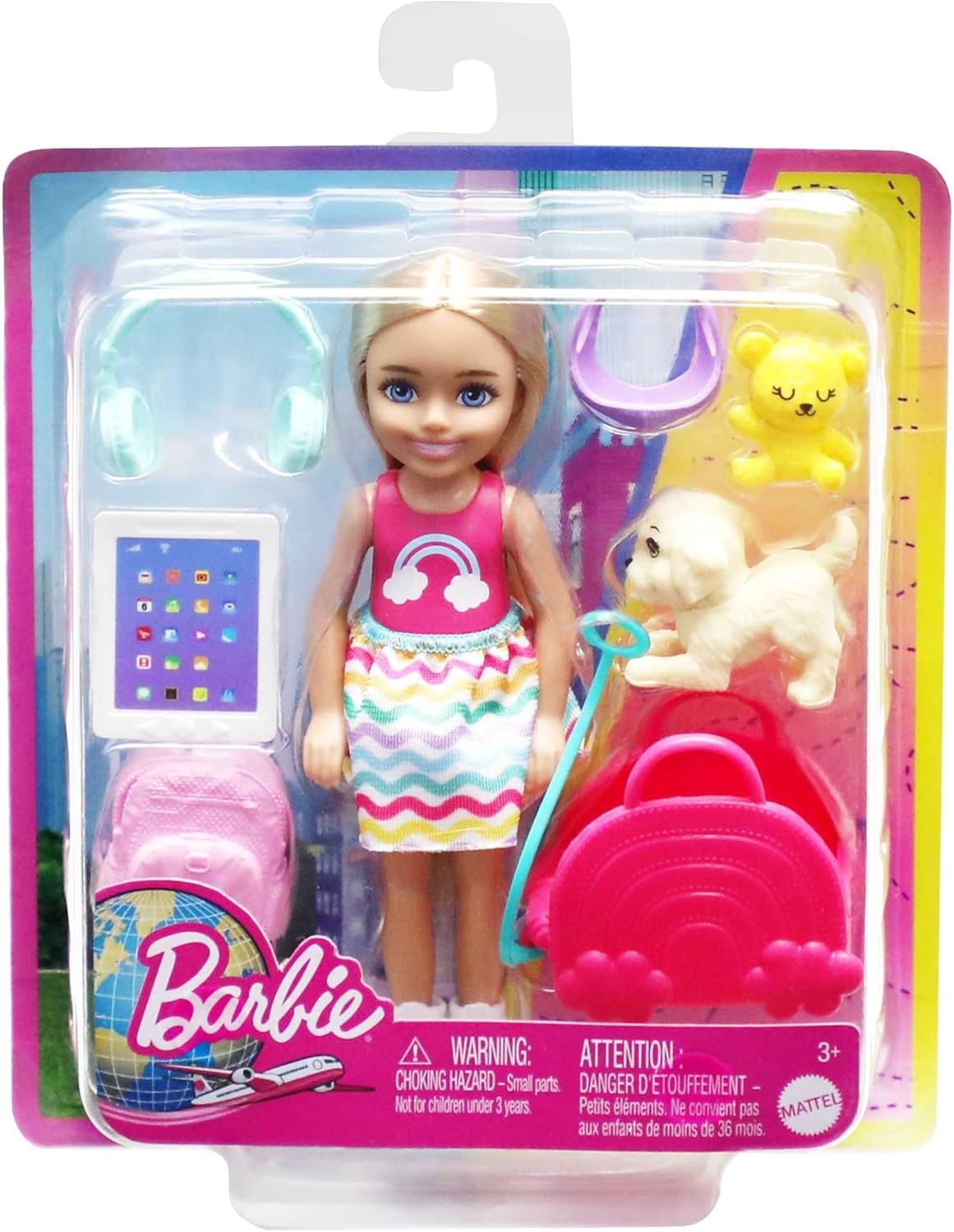 Jucărie Barbie, păpușă Chelsea și accesorii, set de călătorie cu cățeluș și 6 piese, inclusiv cușcă pentru câini, HJY17