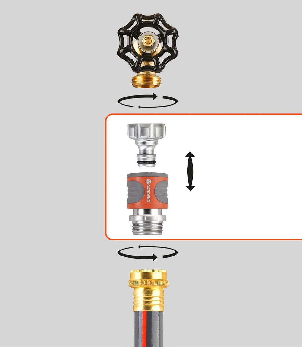 Gardena 39042-M Set de pornire cu cuplaj rapid metalic pentru furtunuri de grădină, cuplaje rapide și accesorii în câteva secunde, 4 piese, inclusiv adaptoare anti-scurgere pentru ștecher și priză