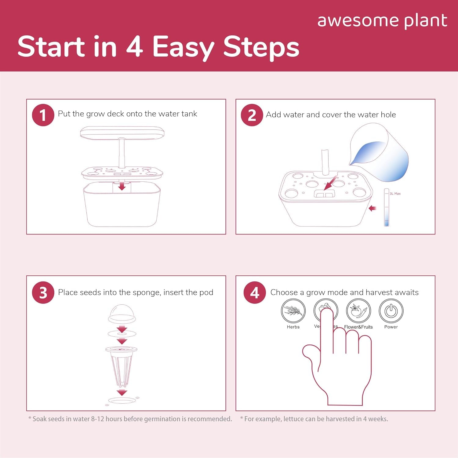 Zestaw do uprawy hydroponicznej 6Pro (6 kapsułek), zestaw do ogrodnictwa w pomieszczeniach ze zbiornikiem na wodę o pojemności 3 l, 3 tryby uprawy i cicha pompa, zestaw do domowej uprawy ziół i sałatek, regulowana wysokość do 33,0 cm, biały