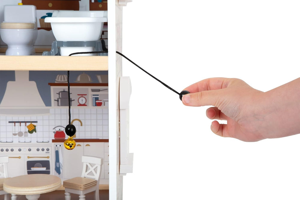 Casă de păpuși din lemn Small Foot, cu 3 etaje, față deschisă și 12 piese de mobilier, pentru copii cu vârsta de la 3 ani în sus, 11802, alb gri