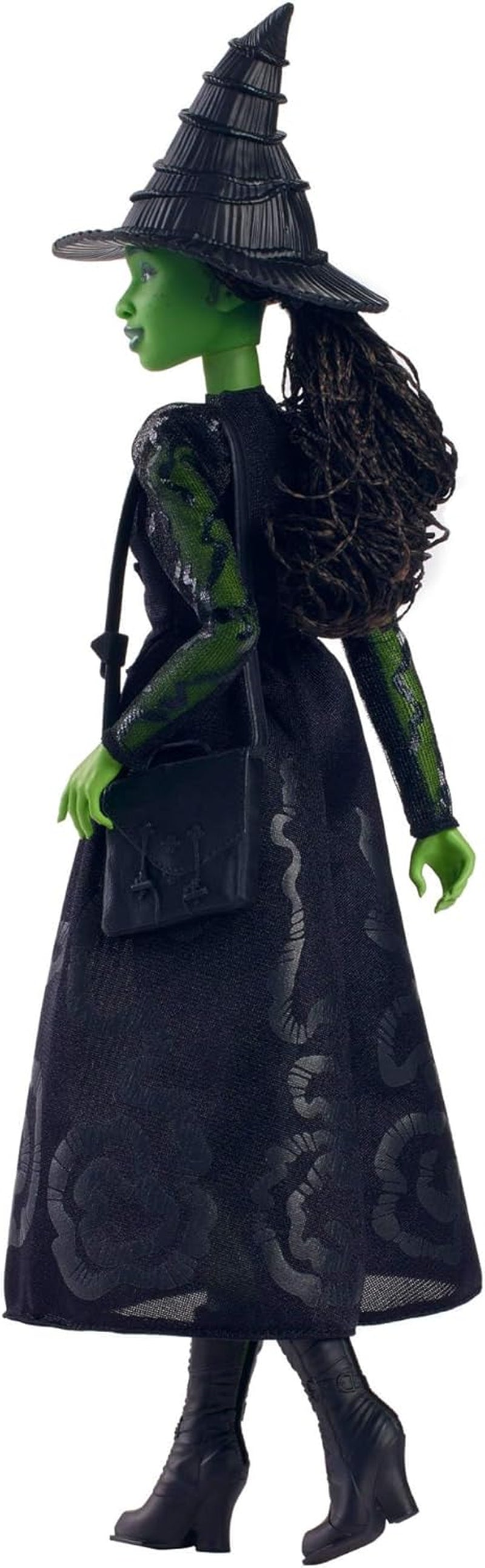 Mattel Wicked Elphaba Fashion Doll i akcesoria z zieloną skórą, czarnymi warkoczami, różnymi możliwymi pozami i wyglądem wydłużanej sukni balowej, HXT62, [wielokolorowe] lalki Naty Shop