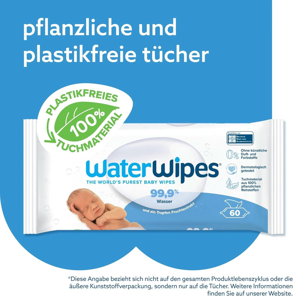 Waterwipes Plastikfreie, Originale Reinigungstücher Für Babys, 540 Stück (9 Packungen), 99,9 % Wasserbasierte Reingugnstücher, Unparfümiert Für Empfindliche Haut Naty Shop