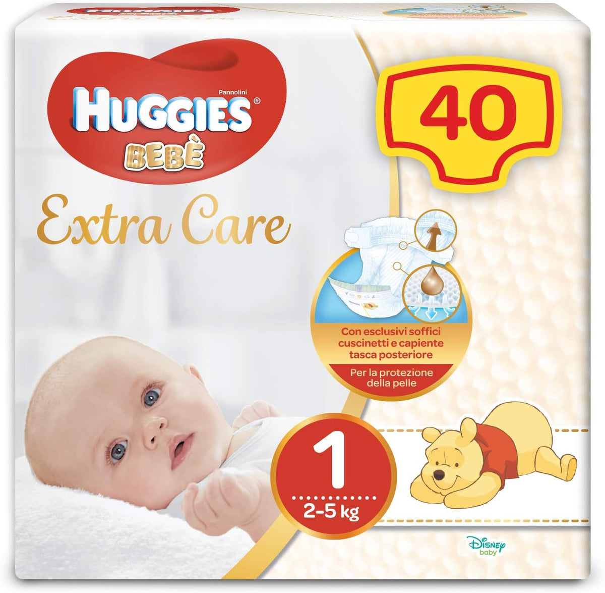 Pieluchy Huggies Extra Care dla niemowląt, rozmiar 1 (2-5 kg), super chłonne, pełna ochrona, Disney Design, 40 szt.