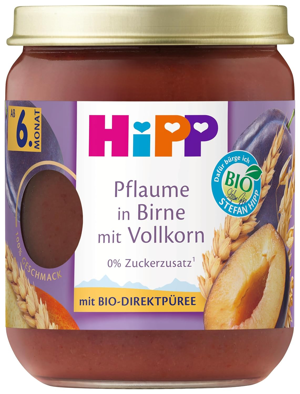 HiPP Organiczne Owoce i Zboża z Gruszkami, Śliwkami i Pełną Pszenicą, 160g, opakowanie 6 szt. (6x160g)