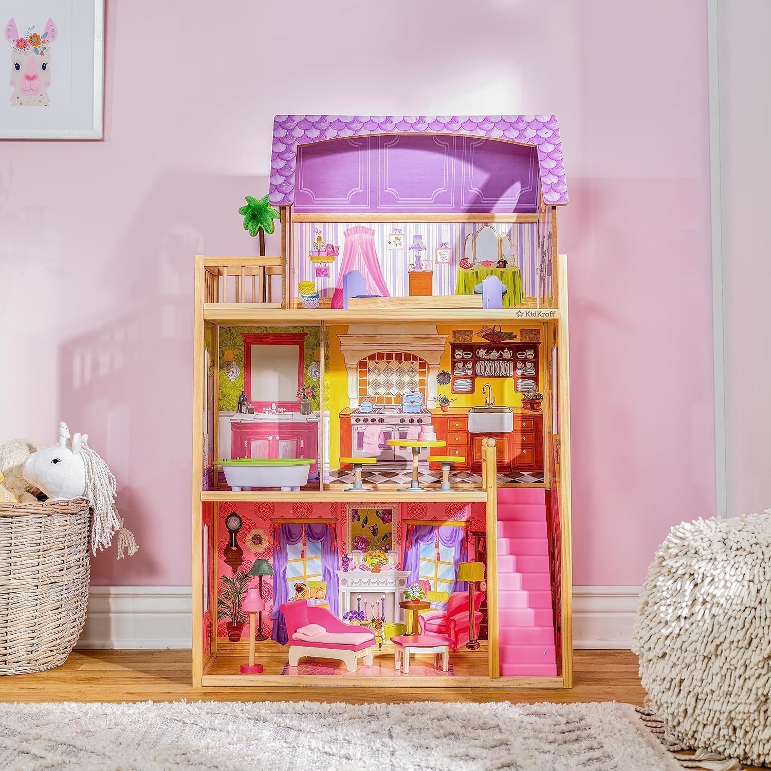 Drewniany domek dla lalek Kidkraft Kayla z meblami i akcesoriami, 3-poziomowy zestaw dla lalek 30 cm, zabawka dla 3 lat, 65092 — wyłącznie w sklepie Amazon Dollhouses Naty Shop