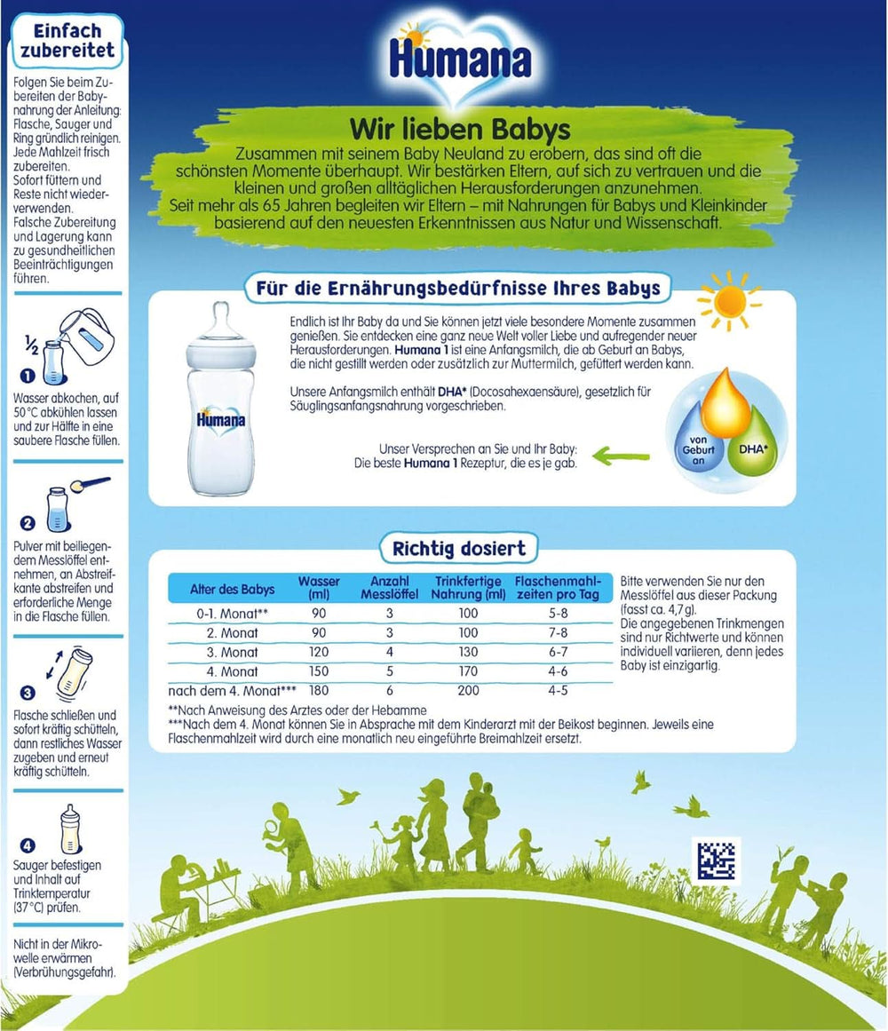Humana Mleko początkowe 1, od urodzenia, mleko w proszku do mleka dla niemowląt, jako dodatek do mleka matki lub jako jedyny pokarm dla niemowląt, pokarm początkowy wyłącznie z DHA i laktozą, 750 g Sklep dla Matki i Dziecka Naty Shop