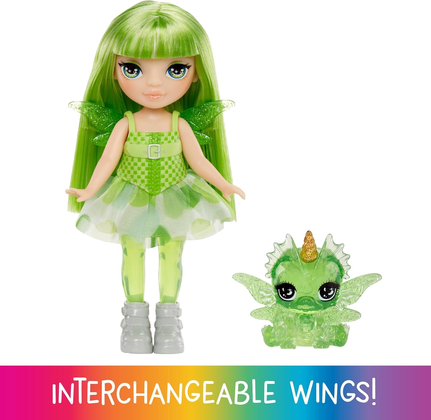 Rainbow High Littles Zâne Fantasy Curcubeu și Animal de Companie - Smarald, Verde - Păpușă mică, articulată, de 14 cm și Dragon Fantasy cu Aripi de Zână Interschimbabile, Cadou Dulce pentru Copii cu Vârsta de 4 Ani și Peste